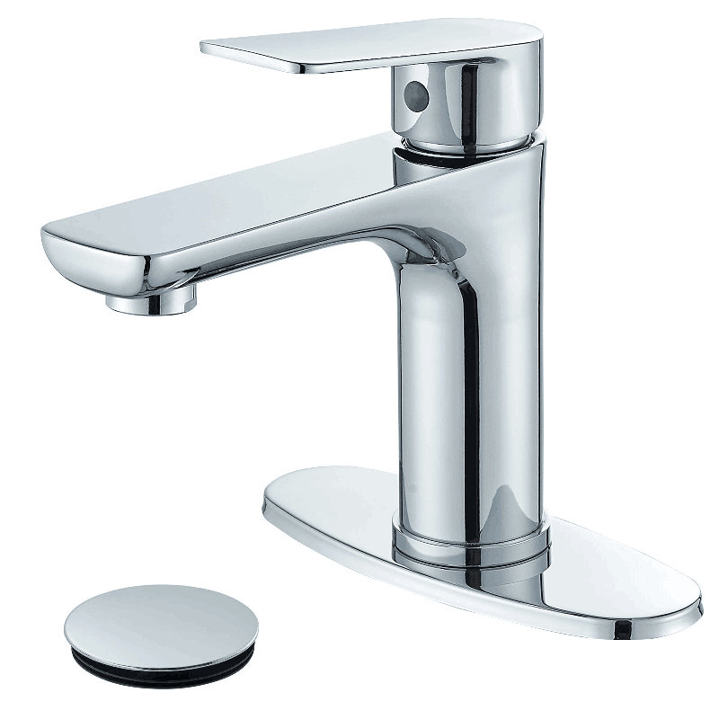 Robinet de lavabo de salle de bain chromé à poignée simple 1 trou avec couvercle et drain