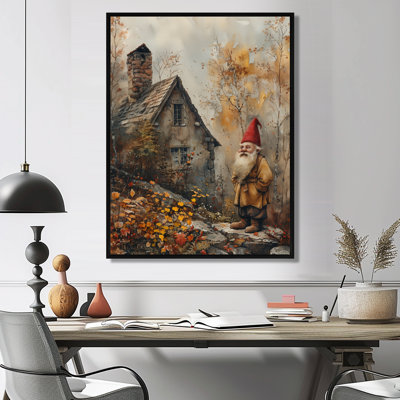 Gris, rouge, automne, jardin, gnome - impression d'art mural gnome