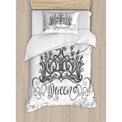 Hand Drawn Crown with Queen Lettering Baroque Style Ancient Elements Calligraphy Duvet Cover Set -  Ambesonne, nev_33615_twin
