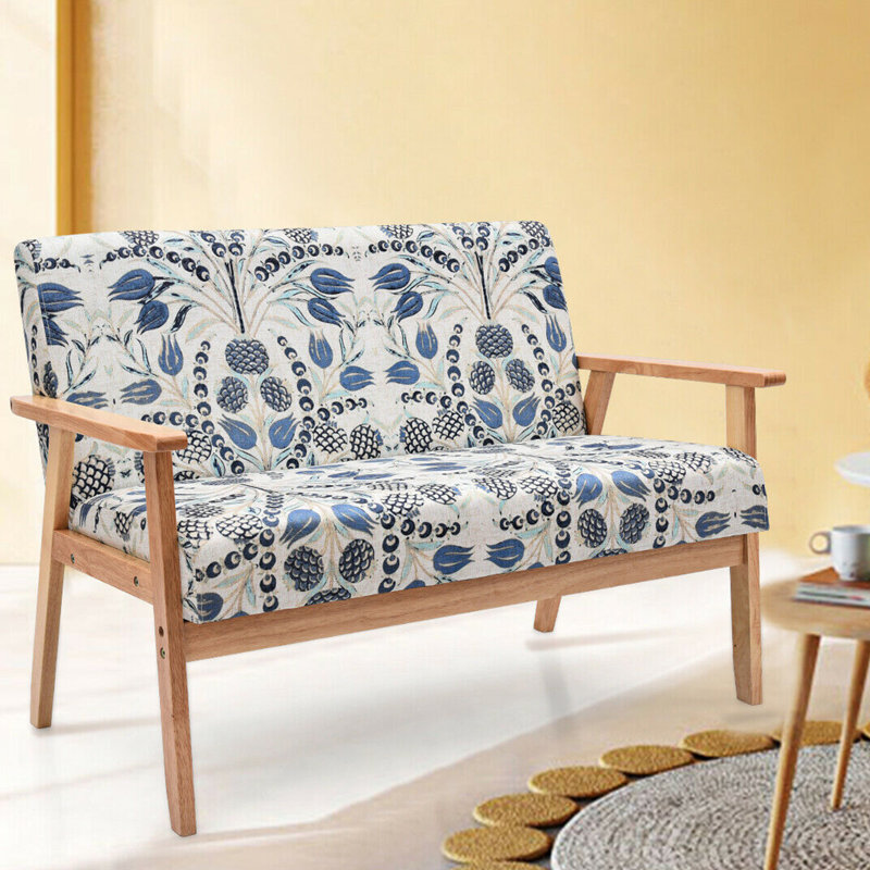 Mervela Upholstered 43'' Loveseat, Dark Blue/White Linen Blend