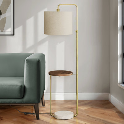 Lampe sur pied contemporaine réglable avec port USB, métal en laiton et abat-jour en lin pour les espaces de vie modernes