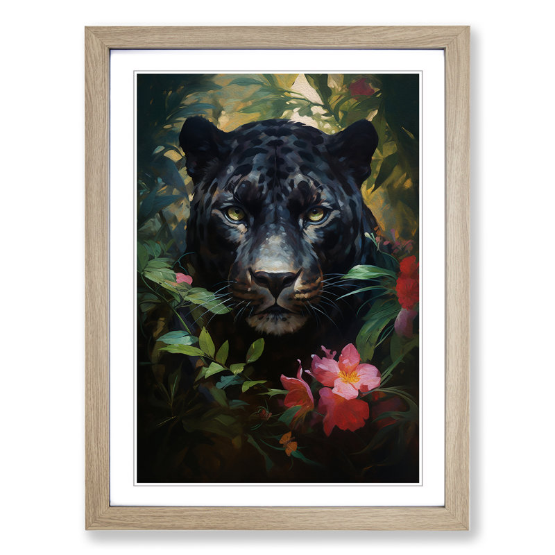 Panther Rococo - Single Picture Frame Print on Wood, Oak Framed, 64cm H x 46cm W x 2" D