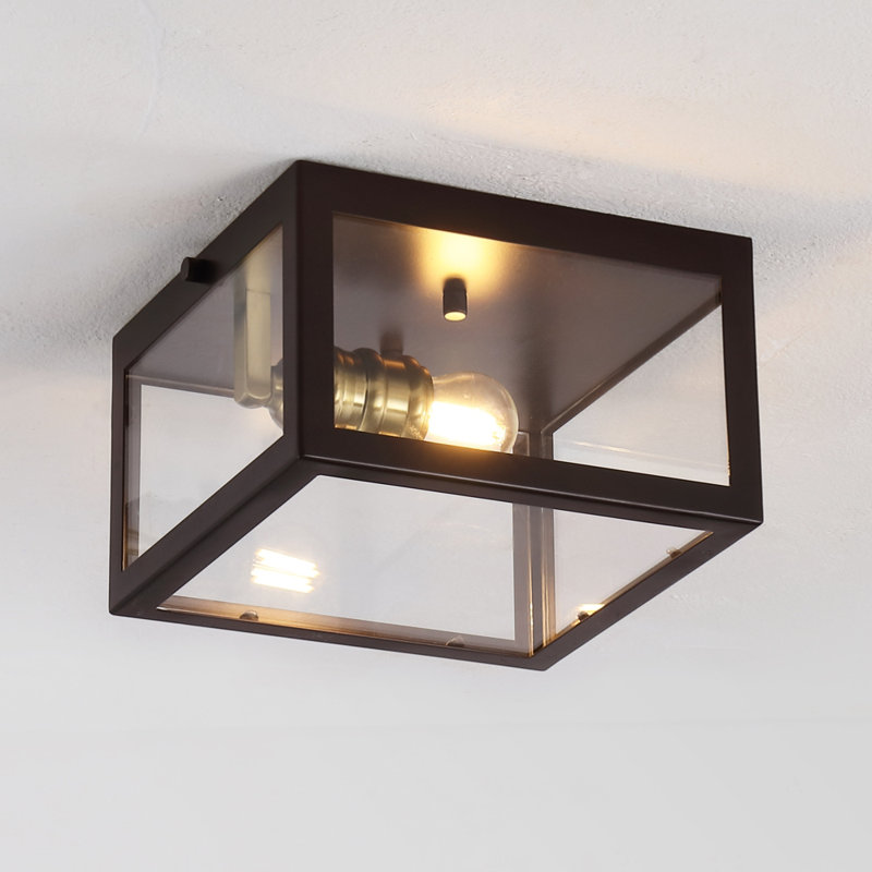 Bechtold Farmhouse Industrial Square Iron/Glass Case LED Flush Mount, Oil Rubbed Bronze/Brass Gold, 5" H x 8" W x 8" D