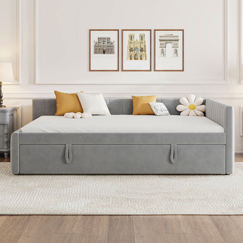 Full Size L-Shaped Upholstered Daybed With Twin Size Pop Up Trundle, Gray