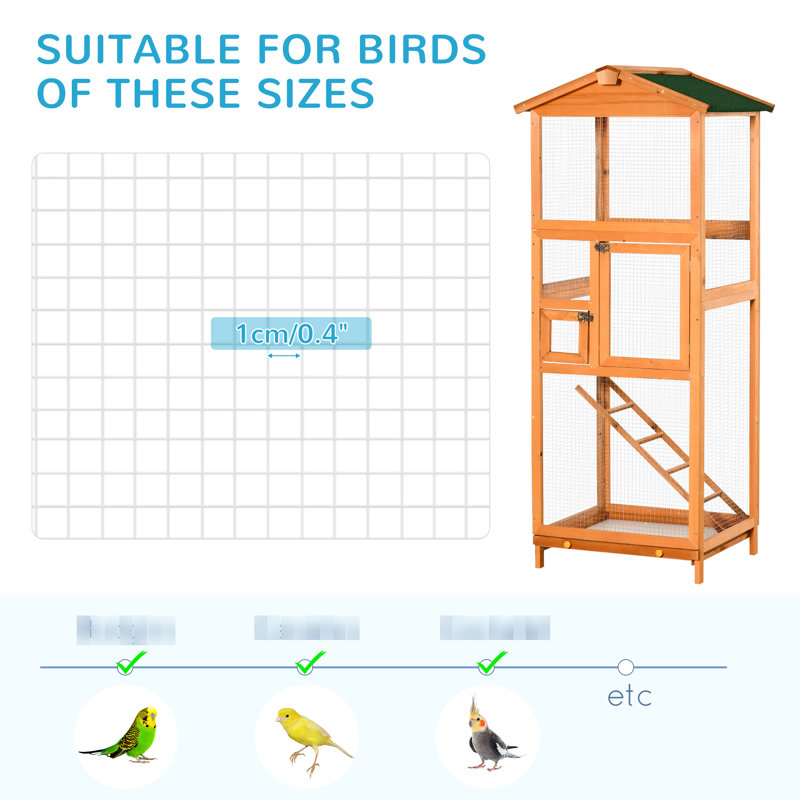 Volière à oiseaux en bois pour l'extérieur - 65 po de hauteur, orange, avec 2 portes, plateau coulissant, pour perroquets et perruches, perroquets à cage orange robustes à l'eau, perruches à eau, plateau coulissant