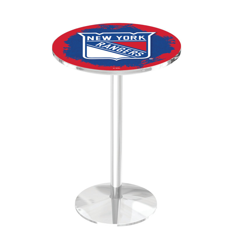 NHL Round Metal Base Dining Table, Chrome, New York Rangers