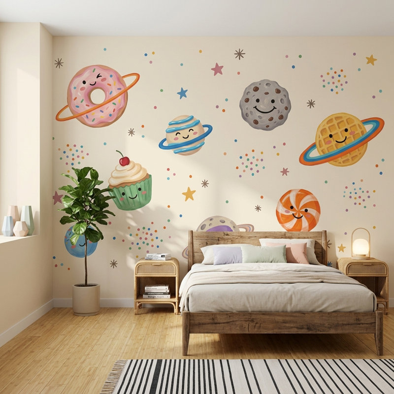 Décoration murale amovible Space Desserts Donut Planète Kawaii, 160 po x 108 po, Non tissé