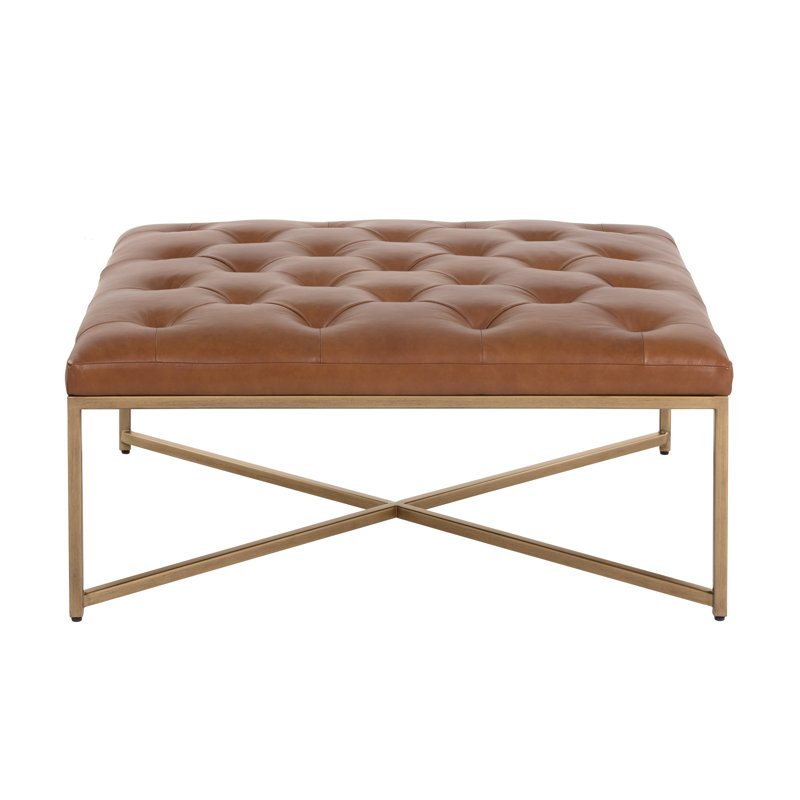 Endall Square Leather Ottoman, Marseille Camel Top Grain Genuine Leather