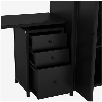 Lit mezzanine en métal avec ensemble de table et garde-robe, lit double, noir