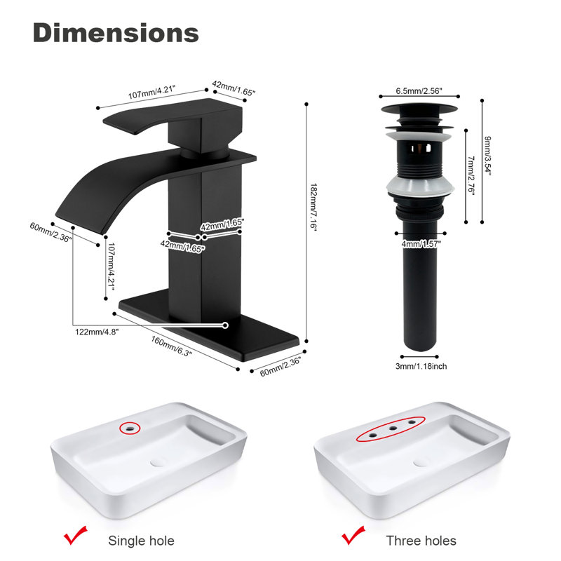 Robinet pour salle de bain à poignée simple avec bonde escamotable, Noir mat