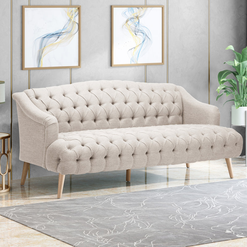 Comfy 3-Seat Upholstered Sofa With Wooden Legs & Tufted Back
