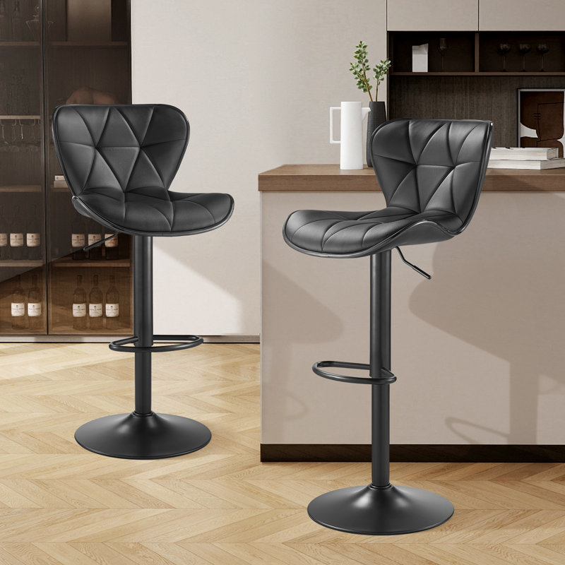 Swivel Upholstered Adjustable Bar Stools, Adjustable Swivel Bar Stool with Backrest, Modern Counter Height Island Chairs for Kitchen Island, Dining Room, Black(Set of 2)