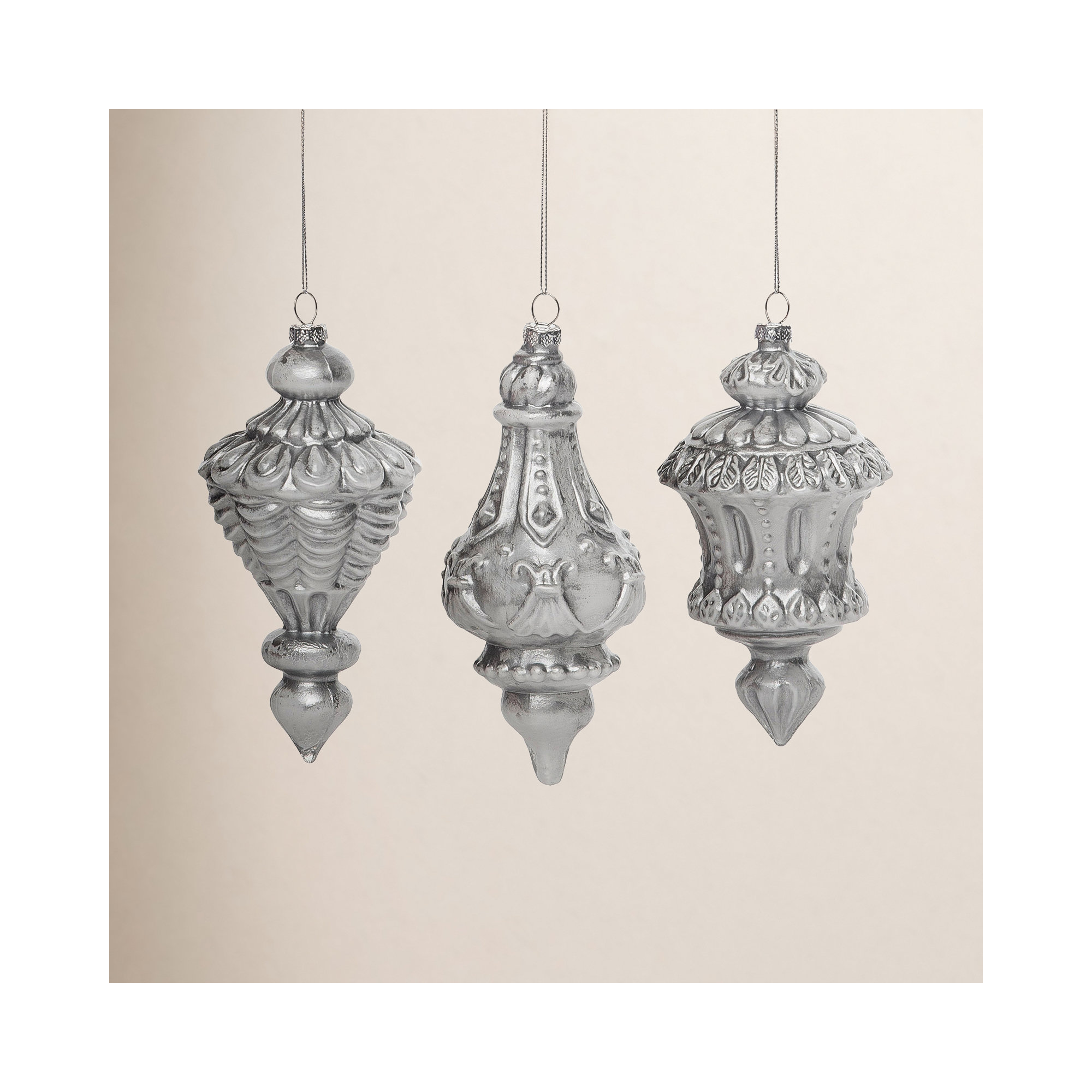 3 Piece Glass Finial Ornament Set, Silver