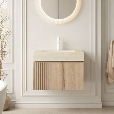 24" Bathroom Vanity&Sink, Floating Plywood Storage Cabinet with 2 Doors, Roma Travertine Sintered Stone Top&Ceramic Basin with 1 Pre-drilled Faucet Hole, Pre-assembled