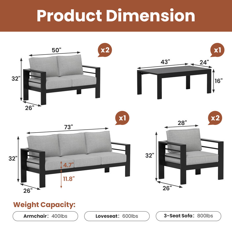 Aluminum 9-Person Outdoor Conversation Sets, Black/Light Gray