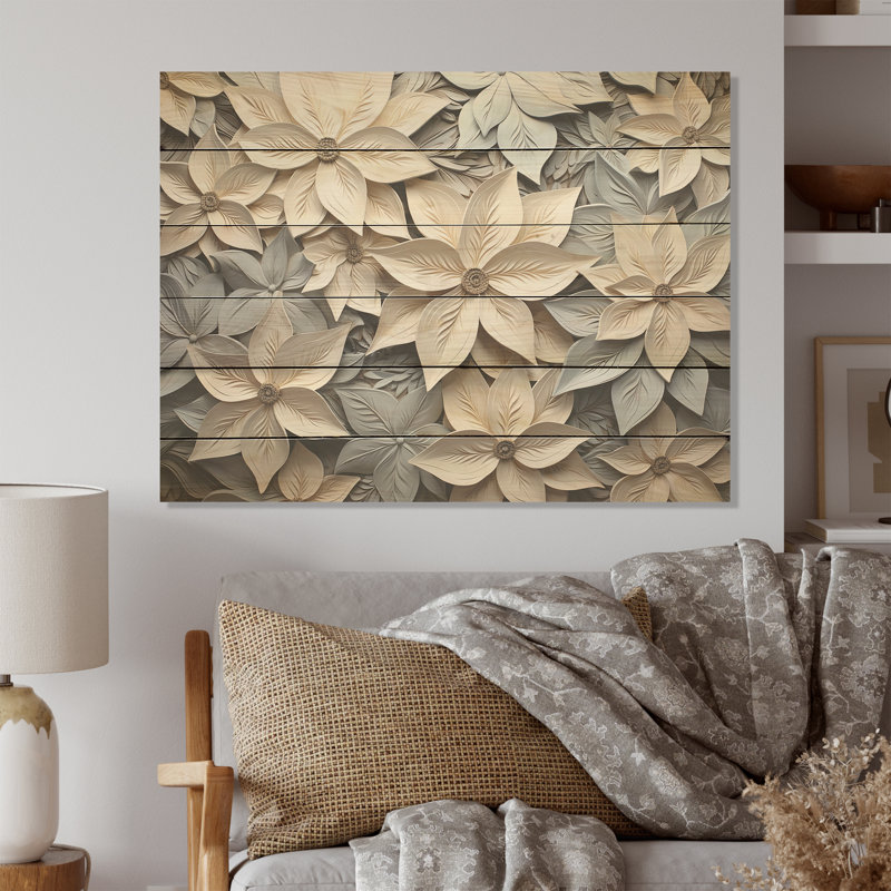 Beige And Blue Whimsical Paper Poinsettias Flowers I - Poinsettias Wood Art On Natural Pine Wood, 30" H x 40" W