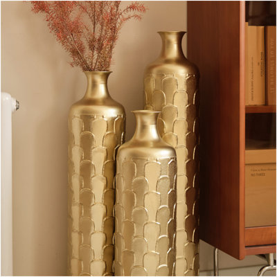 Vases de plancher en métal décorés en blanc Ensemble de 3 magnifiques vases en métal émaillé de 25,2 po / 29,33 po / 34,25 po de hauteur