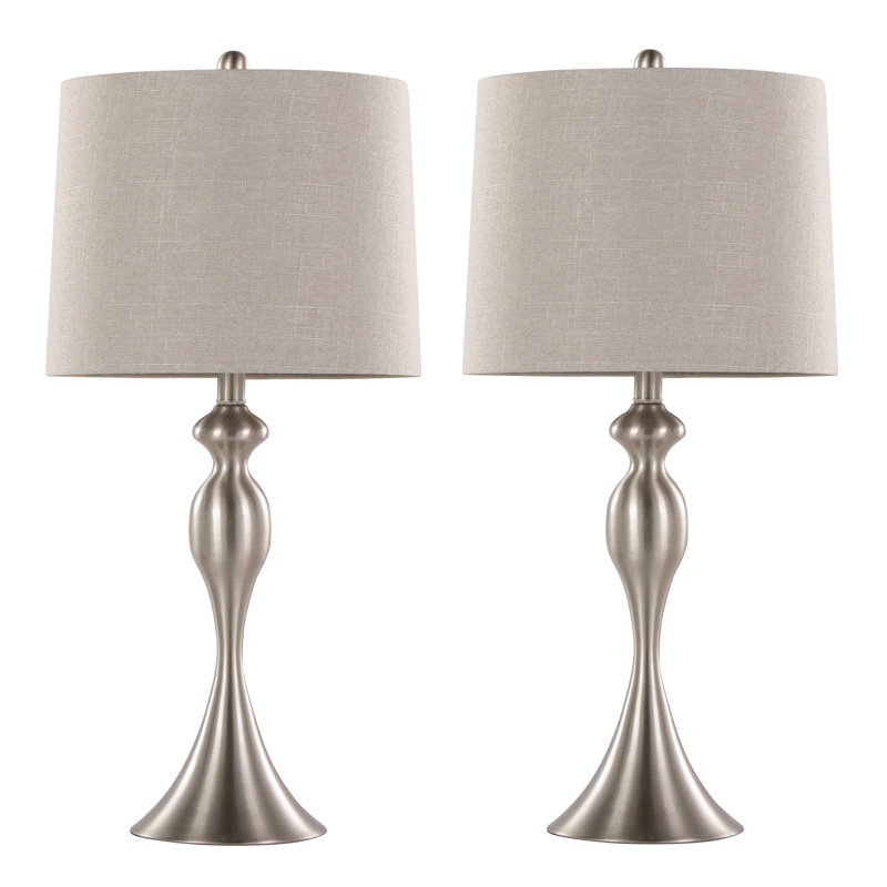 Lampe de table contemporaine en métal brossé 27 po en nickel brossé avec lin texturé gris et abat-jour nickel brossé - ensemble de 2