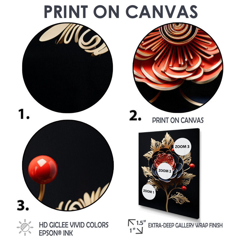Red Glam Peony Golden Leaves - impression d'art mural pivoine, Cadre flottant doré, bois massif, H 32 po x l 24 po x P 1 po