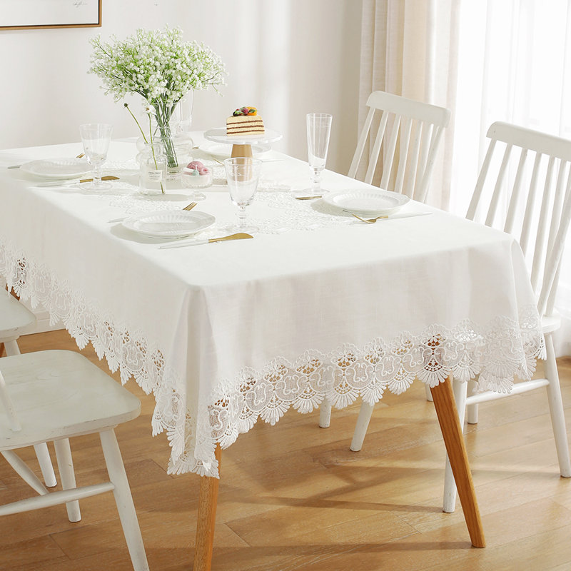 Linen Polyester Blend Tablecloth With Embroidery, 138"L x 71"W