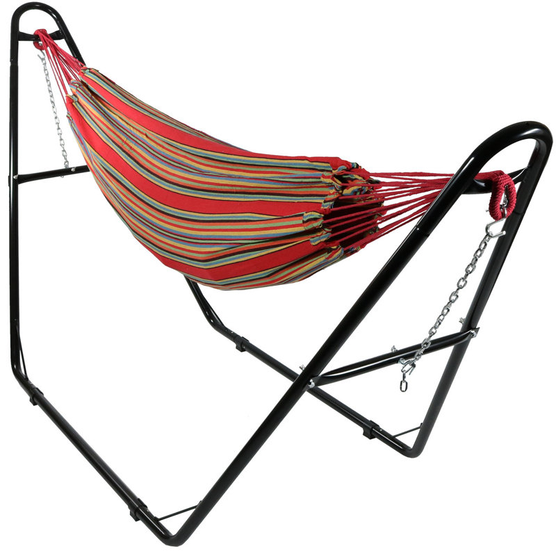 Hamac double en coton avec support universel Poirier, Rouge / orange / jaune / vert / mauve