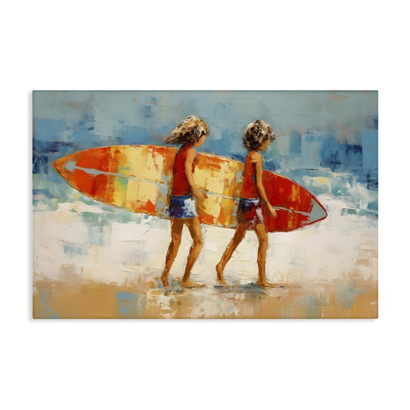 Art mural, "Kids tenant la planche de surf" par Petal Prints Design, H 30 po x l 45 po