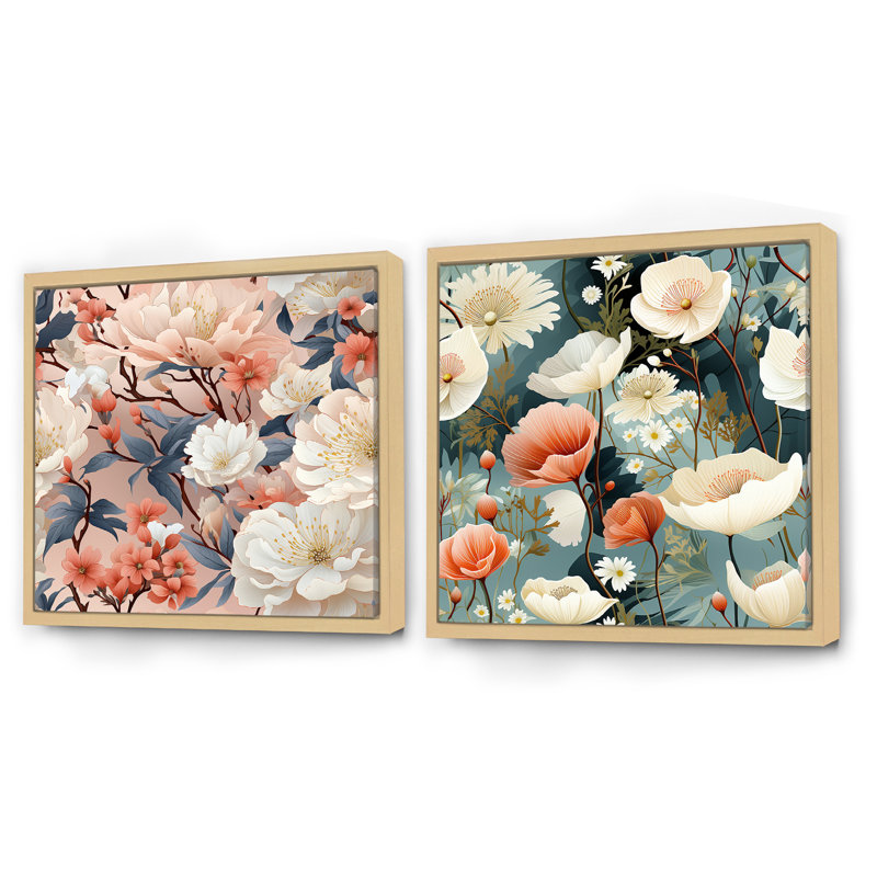 Herblay - Ensemble de 2 collages carrés floraux, H 16 po x l 33 po, Cadre flottant brun
