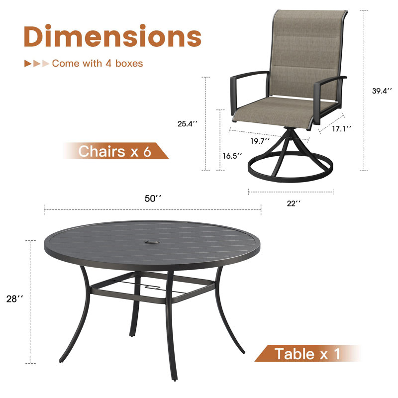 6-Person Patio Dining Set with 50" Round Dining Table and Padded Textilene Swivel Chairs, Black/Brown