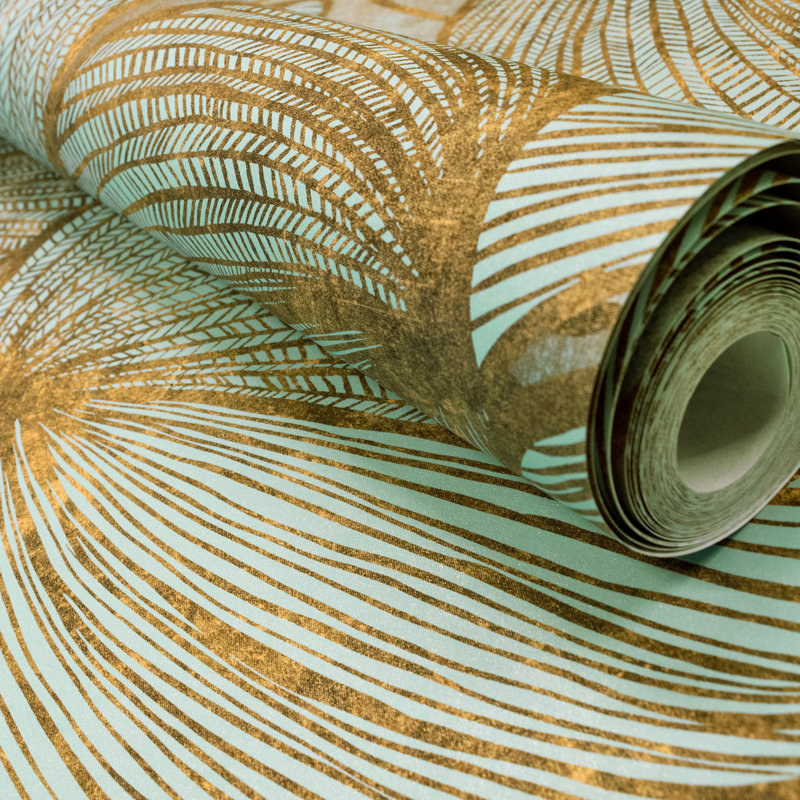 Julie Feels Home Collection Glitter/Shimmer Large Monstera Leaf Wallpaper Roll, Gold Teal