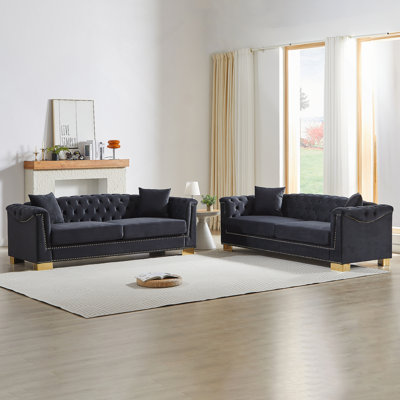 Canapé combiné en velours Chesterfield 3 places + 3 places - Idéal pour les salons, les appartements et les bureaux