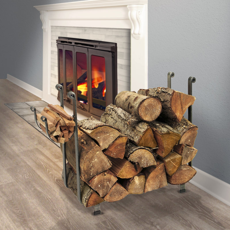 Large Hammered Steel Rectangular Firewood Rack with Kindling Holder