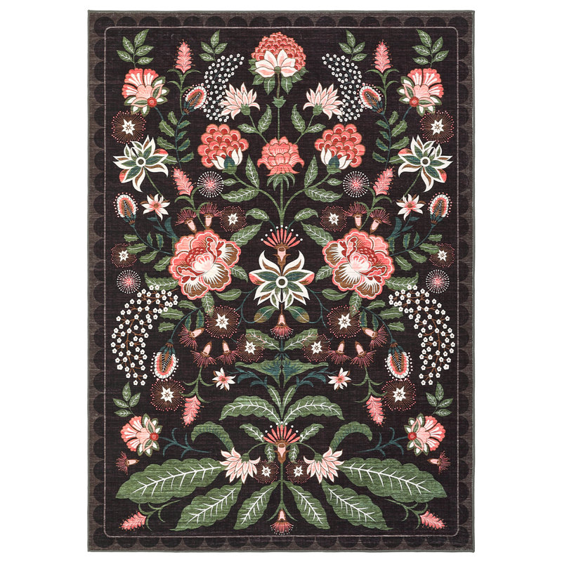 Botanical Floral Washable Rug for Living Room Non Slip Indoor Soft Low Pile Non-Shedding Carpet for Bedroom Nursery Playroom