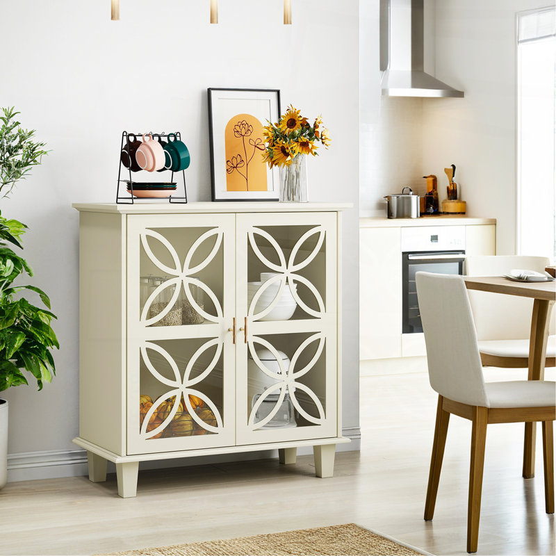 Modern Retro Sideboard Buffet Storage Cabinet With Tempered Glass Doors, Freestanding Kitchen Console Table, 2-Door Decorative Cabinet, Cream Color