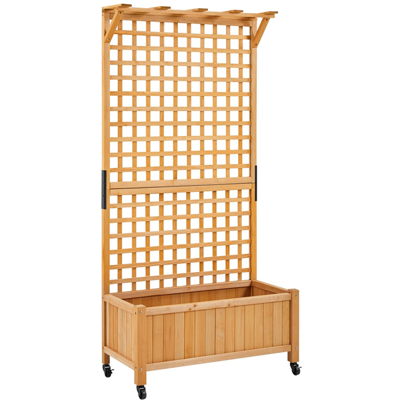 Boîte à fleurs en bois de sapin fabriquée à la main H 75 po avec treillis et roues, Marron clair