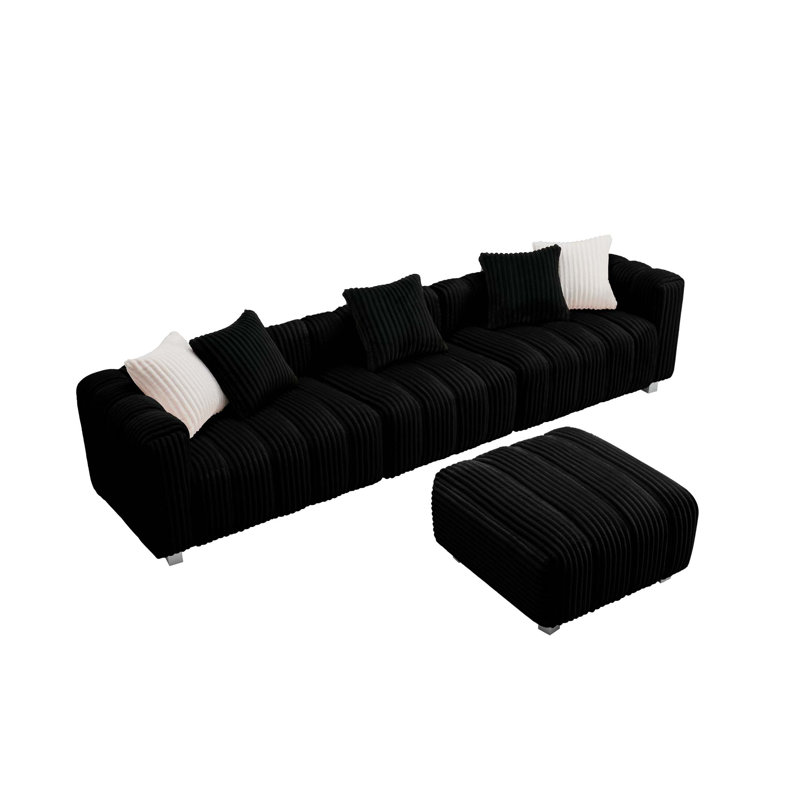 114" Corduroy Three-Seater Sofa – Sturdy Wooden Frame, Comfortable & Durable--Whit Ottoman