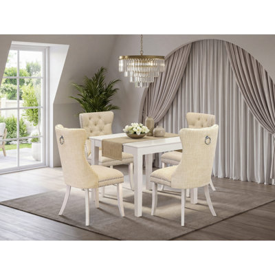 Ensemble de 5 pièces pour petits espaces comprenant une table de salle à manger carrée et 4 chaises rembourrées, lin blanc