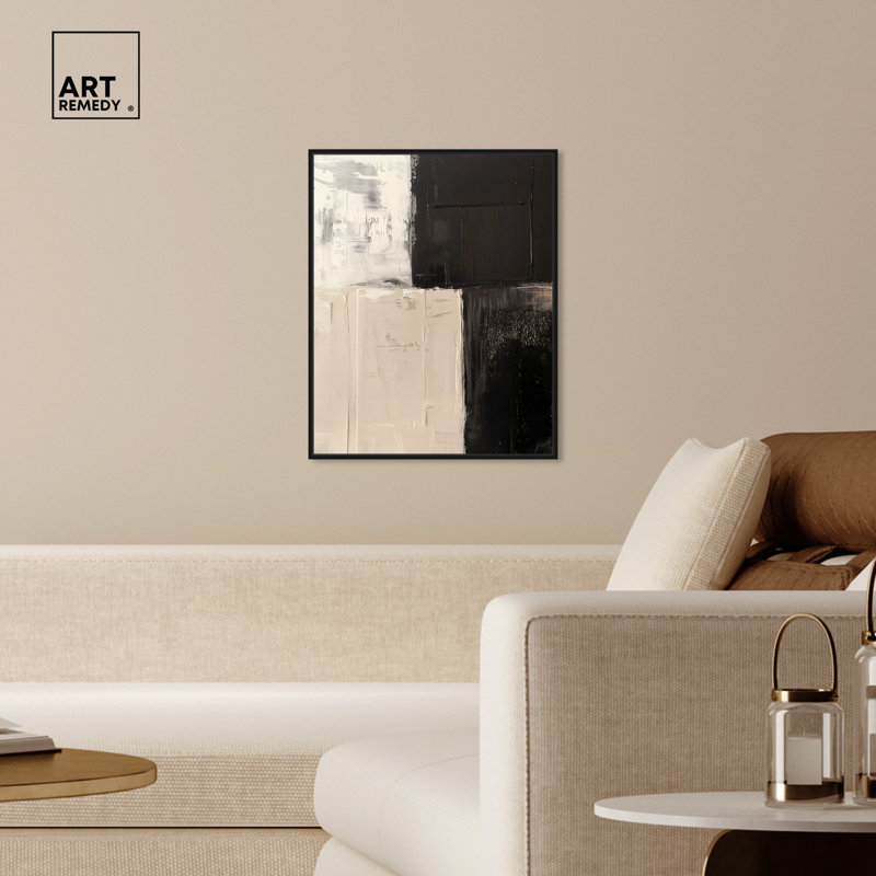 Abstract Black and Beige Canvas Wall Art with Black Frame, 25" x 21"