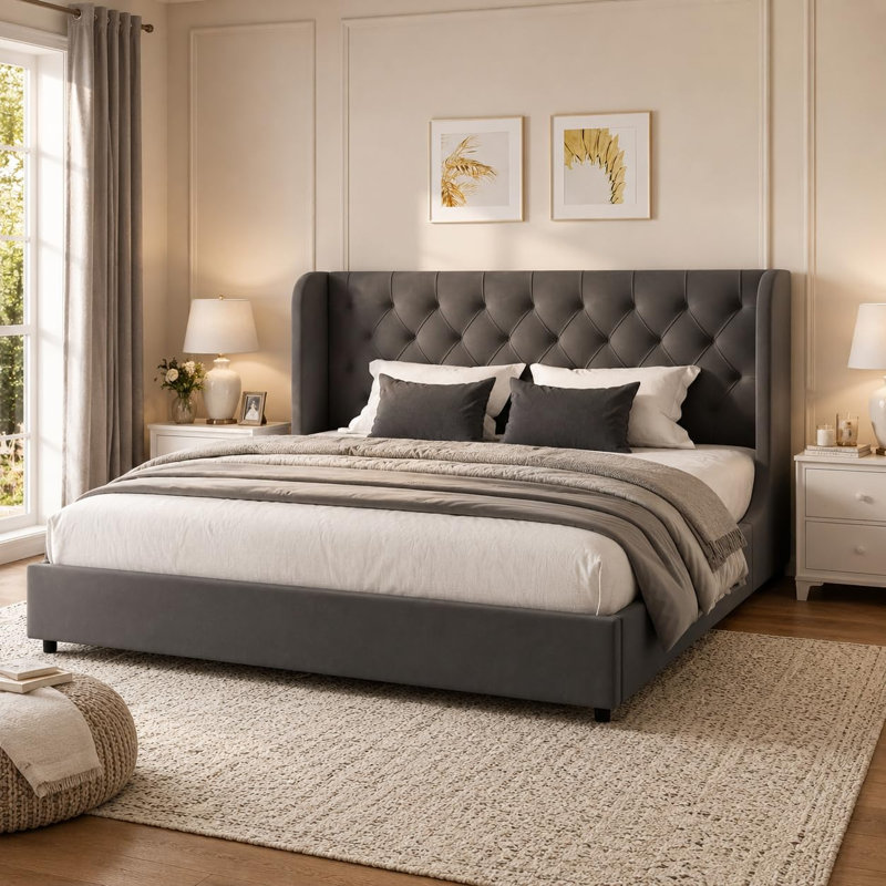 Wingback Velvet Upholstered Bed With 2 Farmhouse Nightstands – 3-Piece Bedroom Set, Gray, King