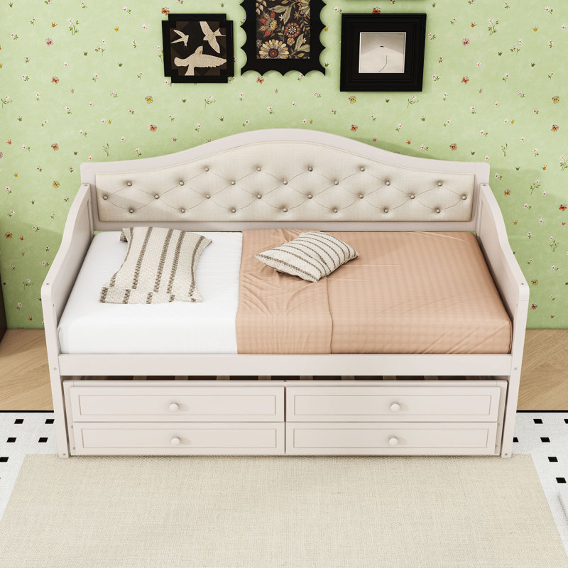 Twin Wooden Daybed with Trundle and Tufted and 2 Drawers, Beige
