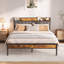 Modern Metal Platform Bed with Linen-Upholstered Storage Headboard & Open Bookcase Shelves – High Leg Design-942883538-996855694
