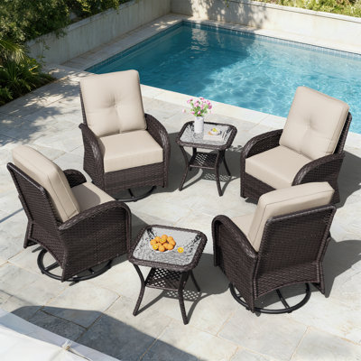 4-Person PE Wicker Outdoor Patio Set With 2 Side Tables, 4 Swivel Chairs & Beige Cushions