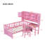 Lit simple en bois avec bureau productif, chaise harmonieuse et bibliothèque intégrée, bibliothèque glamour rose-500052300