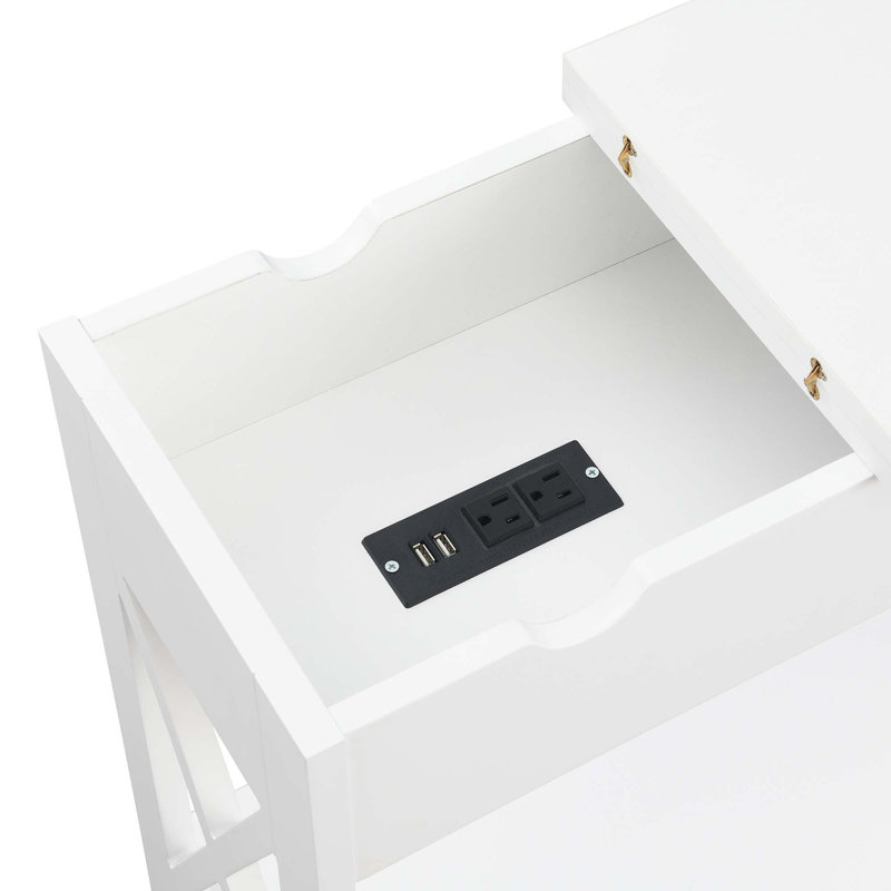 Gerde End Table and Built-In Outlets, White/White