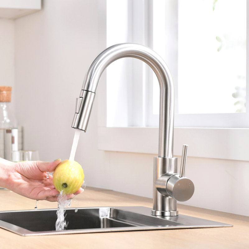 Robinet d'évier de cuisine à poignée simple, robinet de salle de bain en nickel brossé avec douchette rétractable