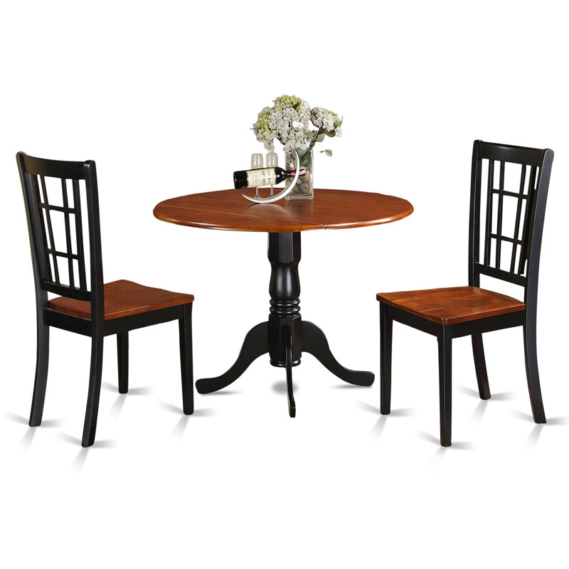 L'ensemble de salle à manger 3 pièces contient une table de salle à manger ronde avec Dropleaf et 2 chaises de cuisine, 42 po x 42 po, noir et cerise