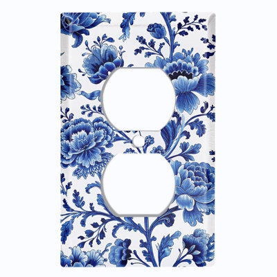 Metal Light Switch Plate Cover; US Standard Size 1 Gang Duplex - Printed Image of Floral Porcelain Motif Pattern