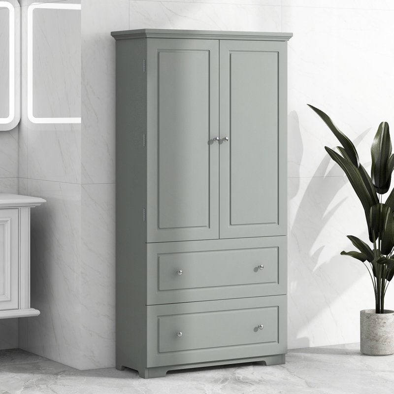 Large armoire de rangement pour salle de bain, armoire de rangement autoportante avec deux tiroirs et tablette réglable, panneau de fibres à densité moyenne avec finition peinte