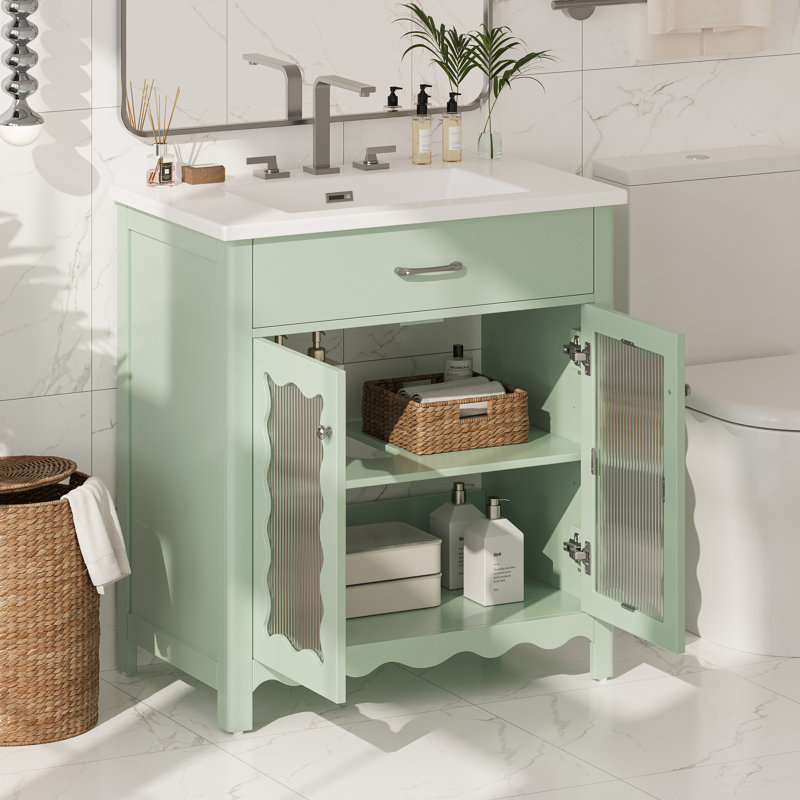 Meuble-lavabo 31 po avec verre trempé, vert, Vert