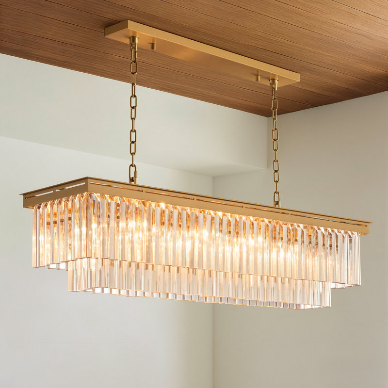 Lustre rectangulaire en cristal 12 lumières de luxe moderne de 12 po, Laiton brossé