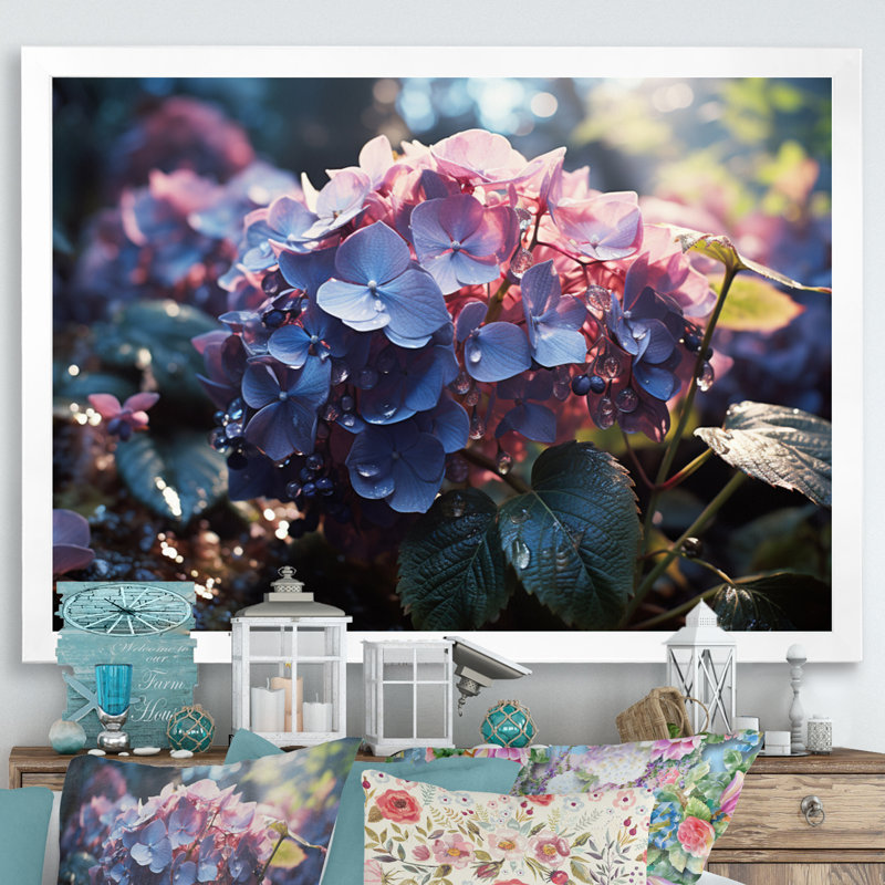 Champ d'hortensia mauve - imprimé, Cadre simple blanc, H 24 po x l 32 po x P 1 po